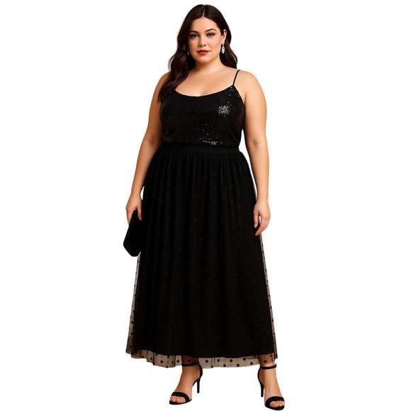 Torrid Plus 3X Black Tulle Mesh Maxi Skirt Polka Dot Overlay Holiday Party Glam - Picture 1 of 6